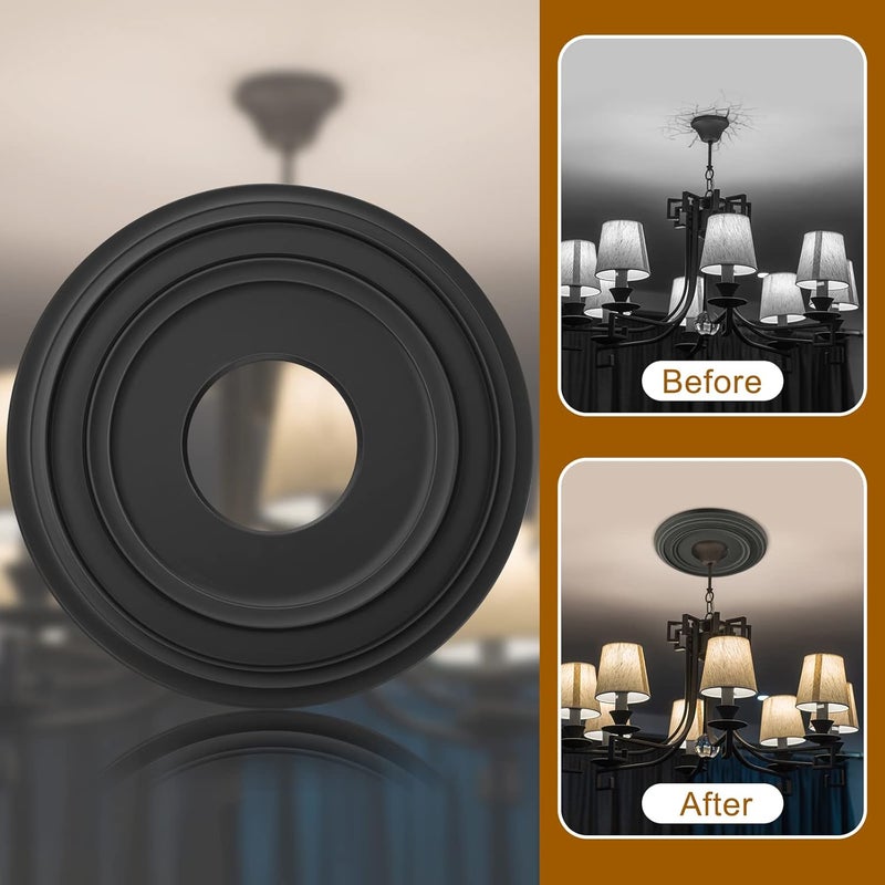Canomo ميدالية سقف كلاسيكية من قطعة واحدة من بولي يوريثان لمروحة سقف وميدالية ثريا، 12 3/8"OD x 4"ID x 7/8"P، أسود غير لامع - Image 3
